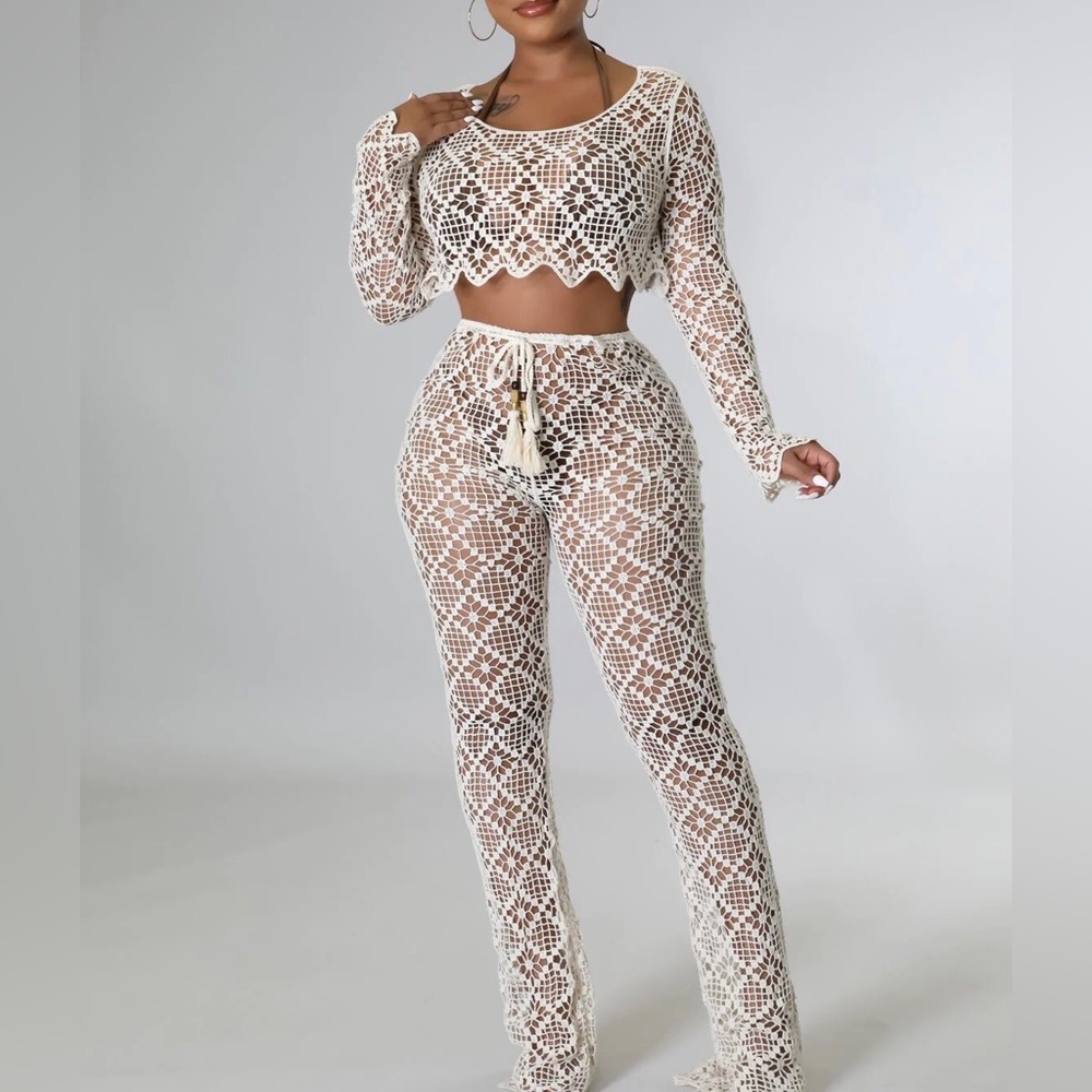 Crochet crop top set, wear over swimsuit. Available in Ivory